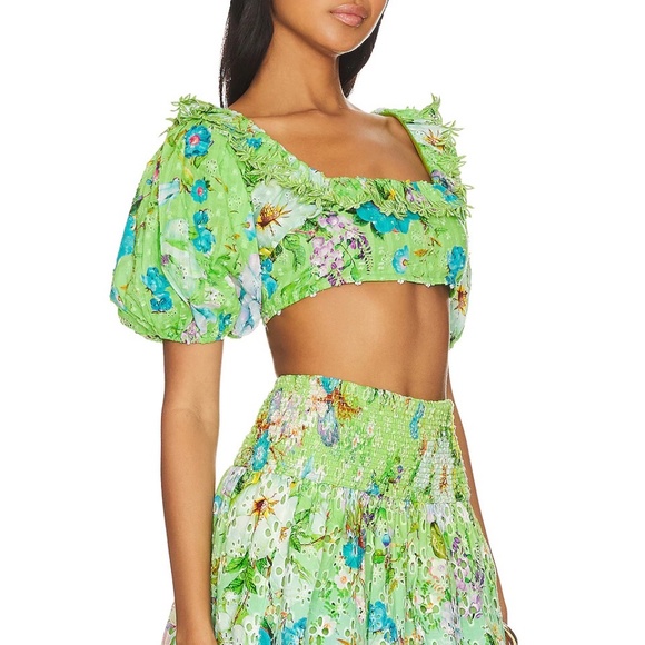 NEW $232 HEMANT AND NANDITA Laya Eyelet Lace Puff sleeve Crop Top SIZE XS - Picture 2 of 5